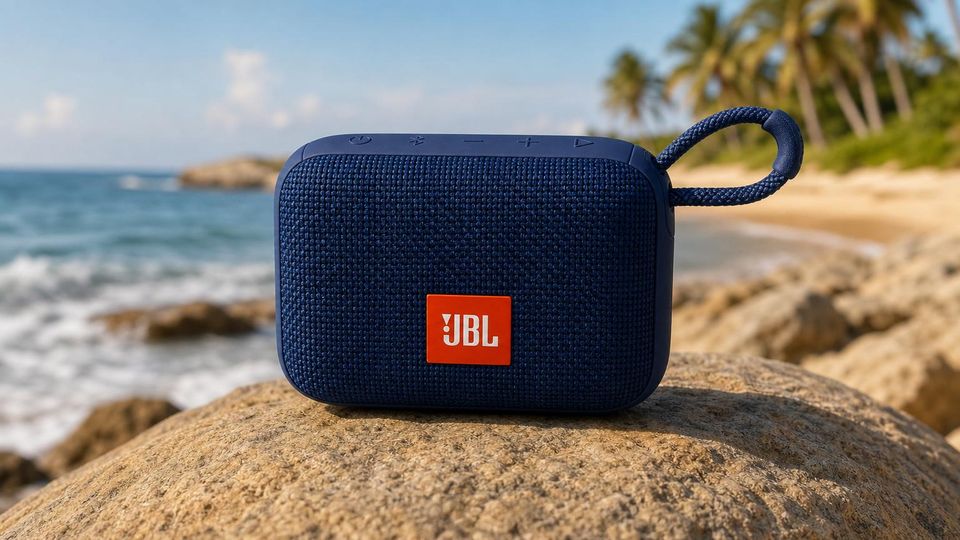 Ilustração editorial de uma caixa de som Bluetooth compacta e portátil