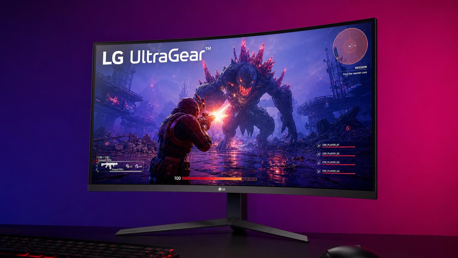 Ilustração editorial de um monitor gamer em um setup organizado