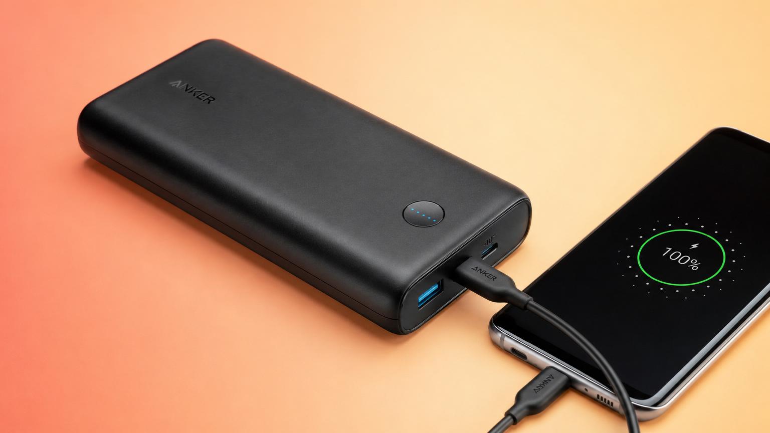 Ilustração editorial de um power bank carregando um smartphone