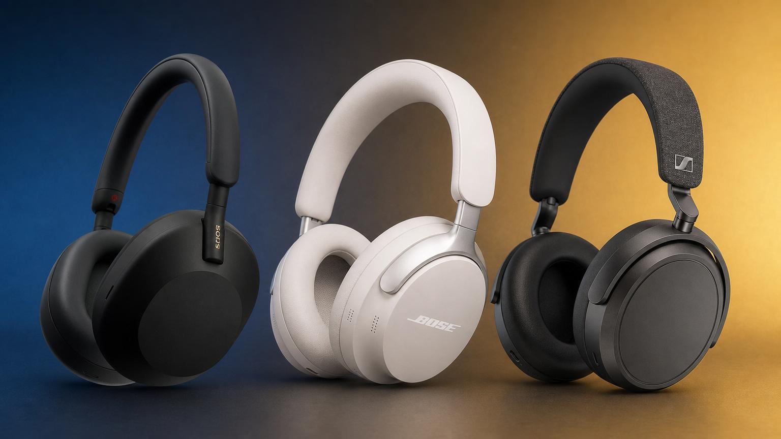Fone over-ear premium ao lado de caixa de som portátil sobre superfície de mármore escuro
