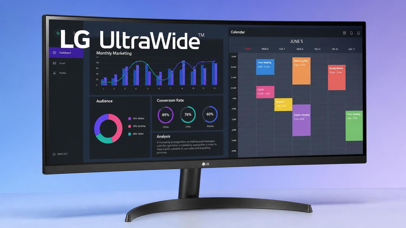 Monitor ultrawide curvo 34 polegadas em setup de home office minimalista